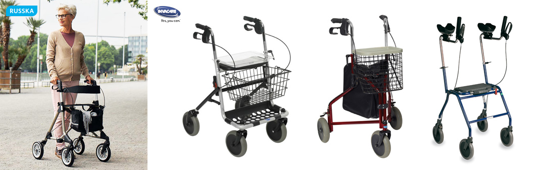 Links: Rollator Russka Elan - der faltbare Premiumrollator mit Rückengurt zum Anlehnen und extra großen Rädern!, Mitte links: Der Standard-Rollator P452E von Invacare, Mitte rechts: Der Arthritisrollator Alpha Basic von Invacare macht Patienten mit Arthrose in den Händen das Leben leichter: Sie stützen sich auf den Arthritis-Armauflagen anstatt auf Stützgriffen ab und entlasten so die schmerzenden Handgelenke; Rechts: Ein Dreirad-Rollator von Invacare Links: Rollator Russka Elan - der faltbare Premiumrollator mit Rückengurt zum Anlehnen und extra großen Rädern!, Mitte links: Der Standard-Rollator P452E von Invacare, Mitte rechts: Der Arthritisrollator Alpha Basic von Invacare macht Patienten mit Arthrose in den Händen das Leben leichter: Sie stützen sich auf den Arthritis-Armauflagen anstatt auf Stützgriffen ab und entlasten so die schmerzenden Handgelenke; Rechts: Ein Dreirad-Rollator von Invacare