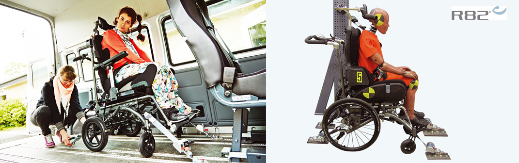 Kraftknoten-Gurtsystem im PKW zur Befestigung eines behindertengerechten Rehawagens mit Sitzeinheit und Sicherheitsnackenstütze. Hersteller R82. Verkauf über reha team Mais Kraftknoten-Gurtsystem im PKW zur Befestigung eines behindertengerechten Rehawagens mit Sitzeinheit und Sicherheitsnackenstütze. Hersteller R82. Verkauf über reha team Mais