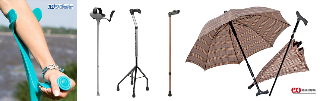 Abgebildet von links nach rechts: Kowsky Unterarmgehstütze mit anatomischem Handgriff, Arthritis-Gehstütze mit Unterarmschale Marke Ossenberg, 4-Fuß-Gehhilfe höhenverstellbar Marke Ossenberg, Anatomischer Gehstock mit Fischergriff Marke Ossenberg, Stockschirm Marke Ossenberg: Gehstock und Regenschirm in einem. Mais - Abteilung Sanitätsfachhandel Abgebildet von links nach rechts: Kowsky Unterarmgehstütze mit anatomischem Handgriff, Arthritis-Gehstütze mit Unterarmschale Marke Ossenberg, 4-Fuß-Gehhilfe höhenverstellbar Marke Ossenberg, Anatomischer Gehstock mit Fischergriff Marke Ossenberg, Stockschirm Marke Ossenberg: Gehstock und Regenschirm in einem. Mais - Abteilung Sanitätsfachhandel